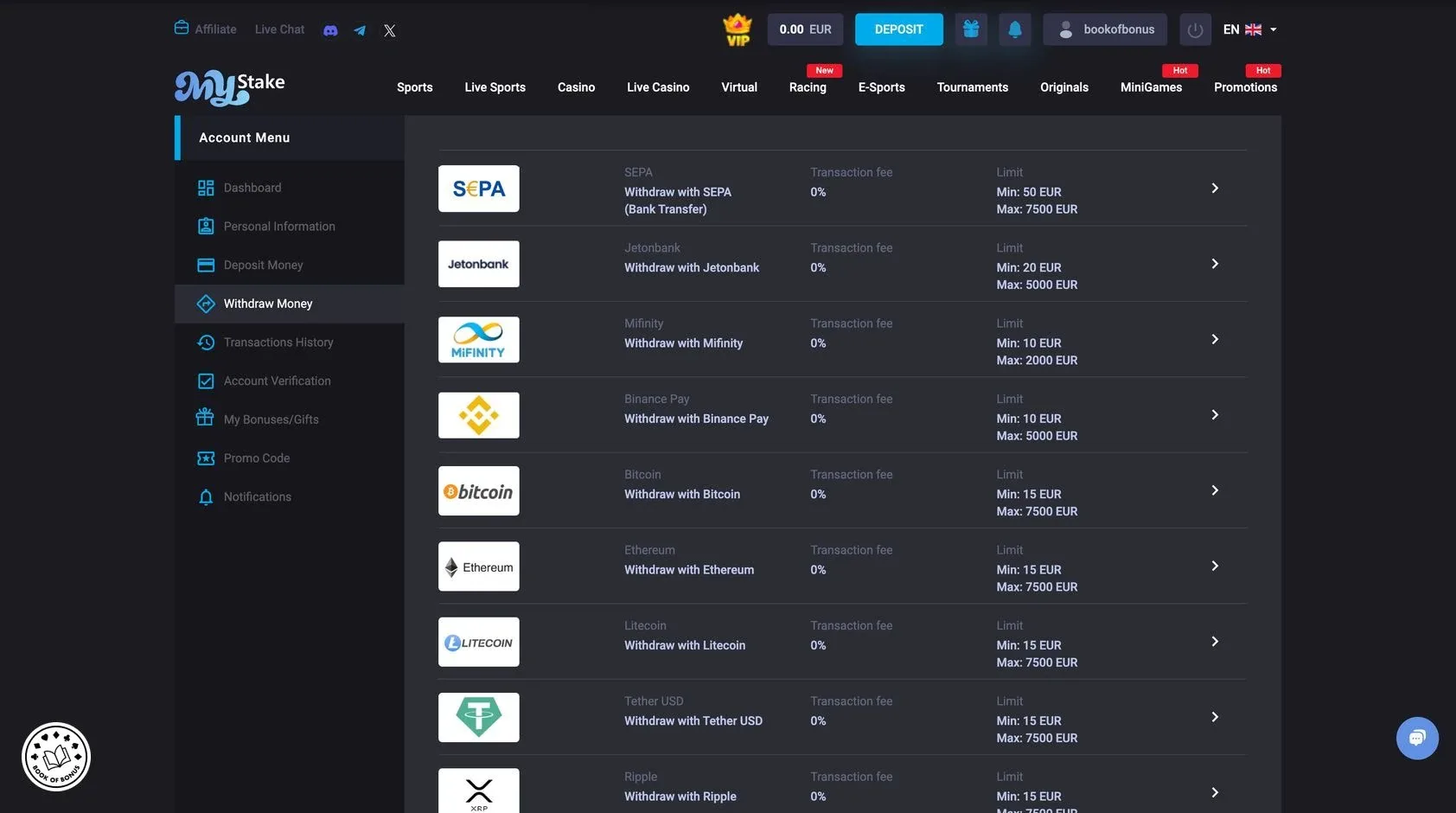 Interface de Mystake Casino